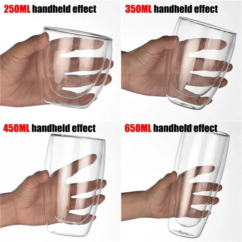 Double Wall Glass Cups: 80-450ml. Perfect for Hot and Cold Beverages.