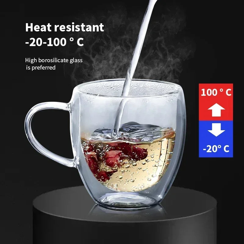 Double Wall Glass Cups: 80-450ml. Perfect for Hot and Cold Beverages.