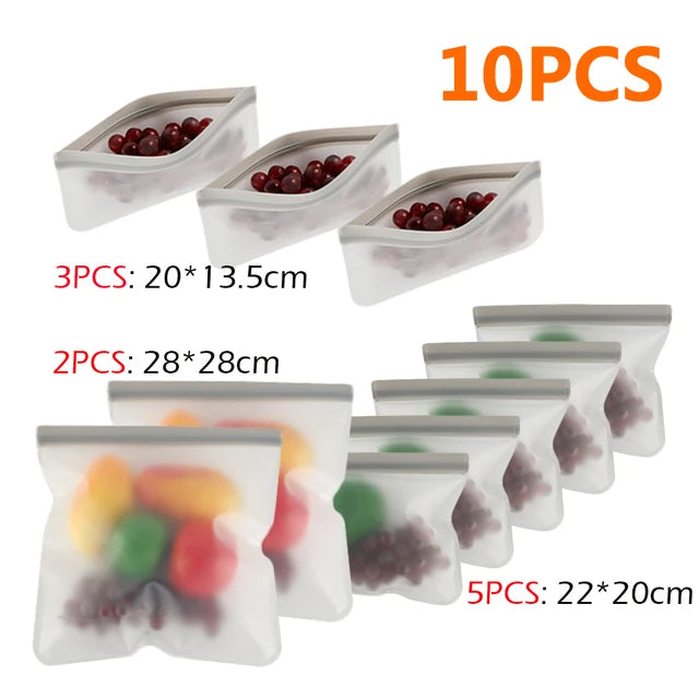 10-Piece Reusable Silicone Food Storage Bags - Leakproof and Zip-Shut