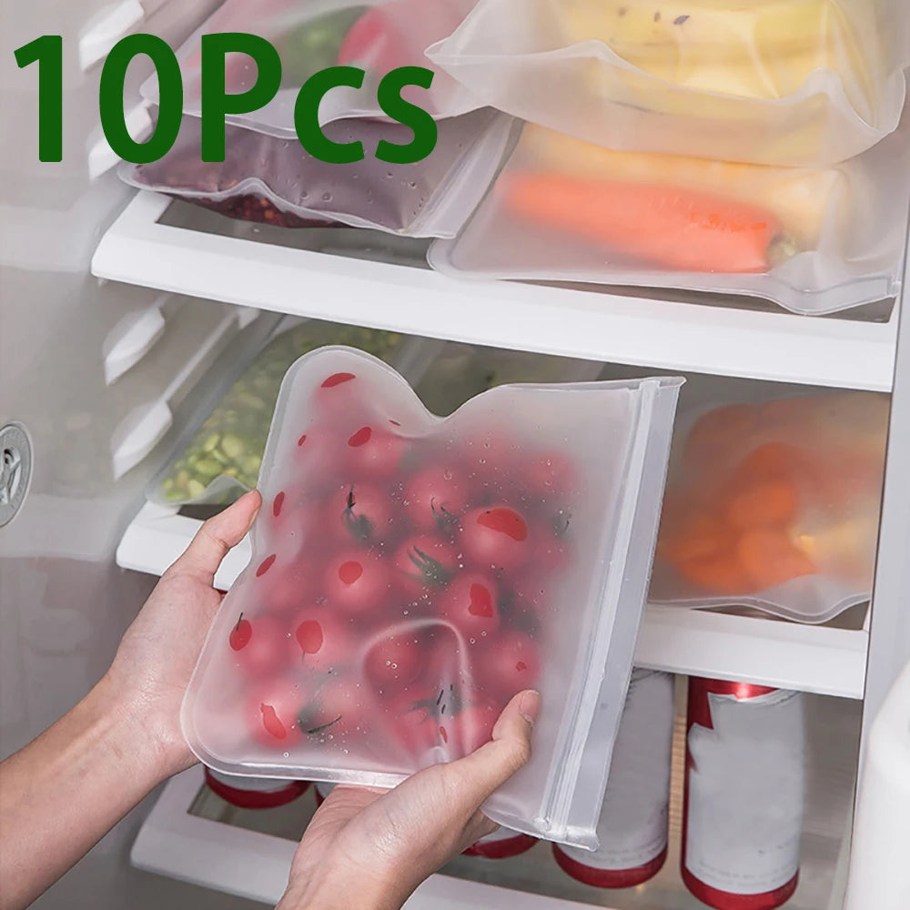 10-Piece Reusable Silicone Food Storage Bags - Leakproof and Zip-Shut