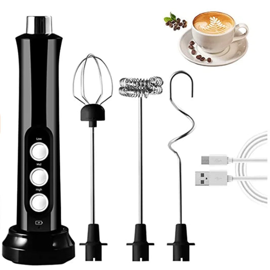 3-in-1 Rechargeable Electric Milk Frother: Handheld High-Speed Foamer