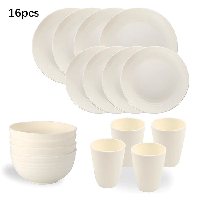 White plastic dinnerware set plate, bowl and cup