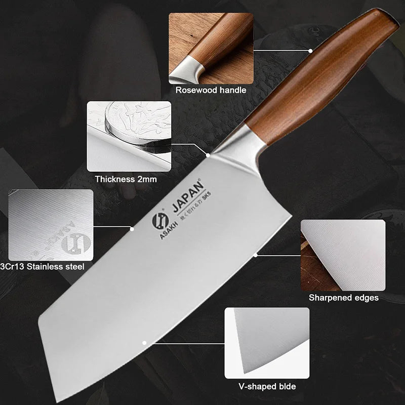 Stainless Steel Kitchen Knife Set with Cleaver and Japanese Chef Knife