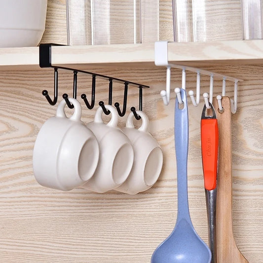 Multifunctional Cup Holder 6 Hooks Hang Under Shelf Rack Metal Kitchen