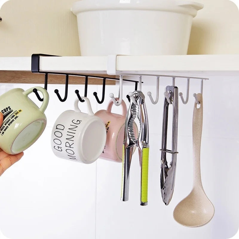 Multifunctional Cup Holder 6 Hooks Hang Under Shelf Rack Metal Kitchen