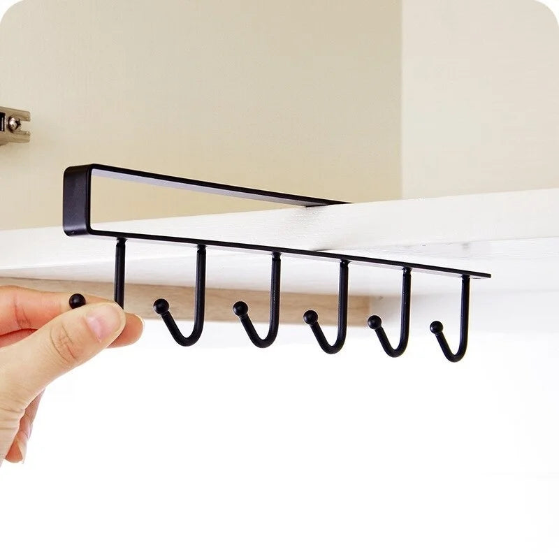 Multifunctional Cup Holder 6 Hooks Hang Under Shelf Rack Metal Kitchen