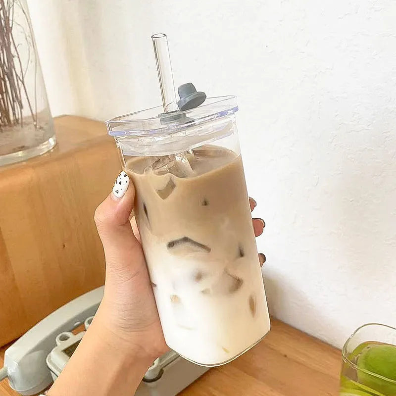 Square Heat Resistant Coffee Glass Cup With Lid and Straw Transparent