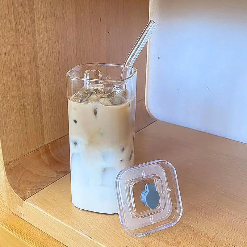 Square Heat Resistant Coffee Glass Cup With Lid and Straw Transparent