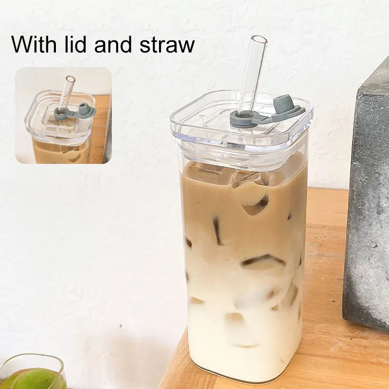 Square Heat Resistant Coffee Glass Cup With Lid and Straw Transparent