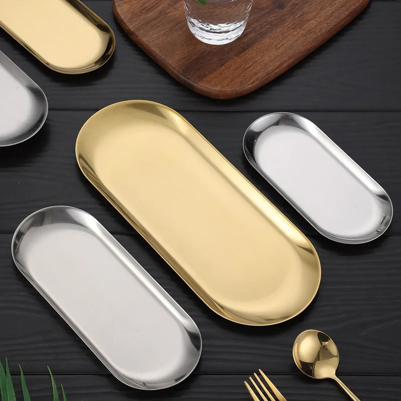 Stainless Steel Gold Oval Plate for Desserts, Snacks, and Meals.