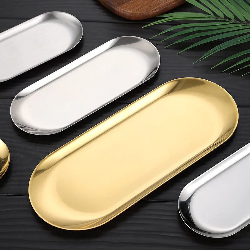 Stainless Steel Gold Oval Plate for Desserts, Snacks, and Meals.