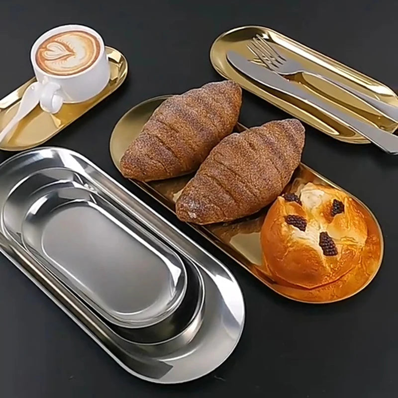 Stainless Steel Gold Oval Plate for Desserts, Snacks, and Meals.