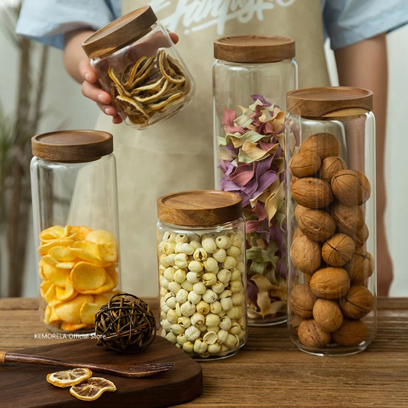 Wood Lid Glass Airtight Canister for Storing Food: Jar ,Tea and Coffee