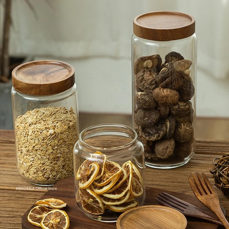 Wood Lid Glass Airtight Canister for Storing Food: Jar ,Tea and Coffee